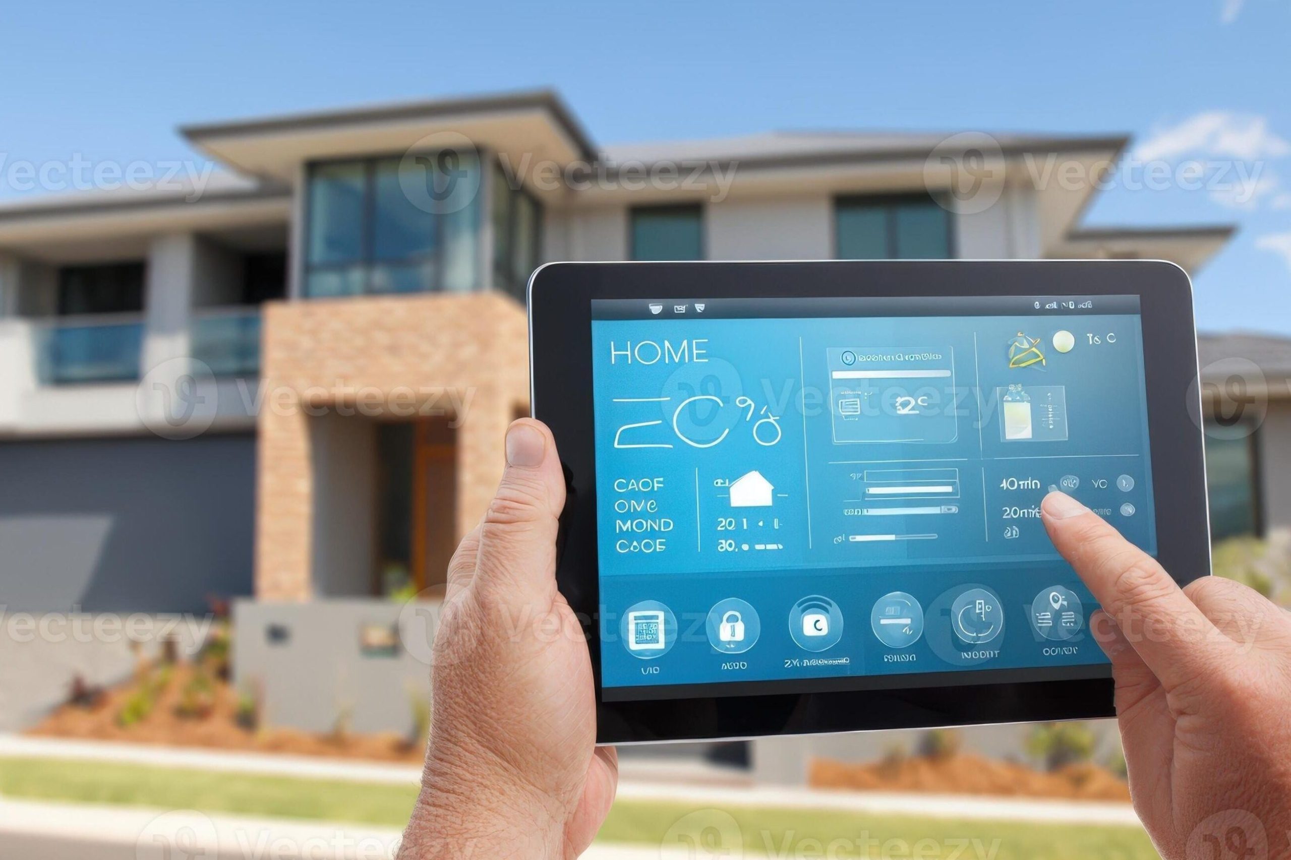 Home smart home automation system controlled by tablet with modern house background for connected living photo