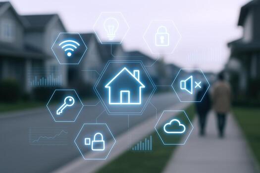 smart home technology interface overlayed on residential street scene illustrating modern connectivity and automation photo